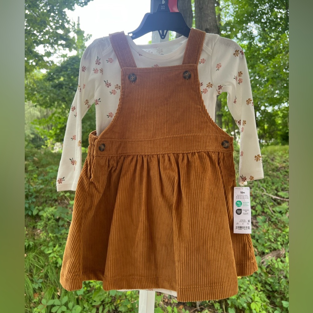 Brown Corduroy Overall Dress with Floral Top